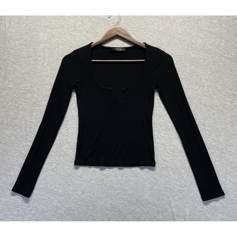 Bershka Ribbed Knit Top Womens Small Black Cropped Long Sleeve Sweetheart Neck